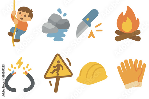 Safety First Icons. Flat vector mini-illustrations risky activities in colors children's illustrations: climbing rope, slippery