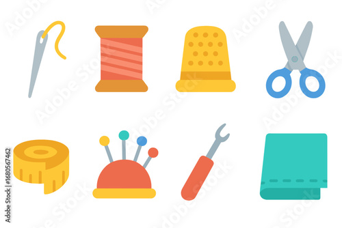 Sewing Tools Collection. Flat vector mini-illustrations sewing tools in colors children's illustrations: sewing needle, thread