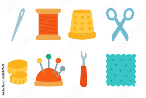 Sewing Tools Collection. Flat vector mini-illustrations sewing tools in colors children's illustrations: sewing needle, thread