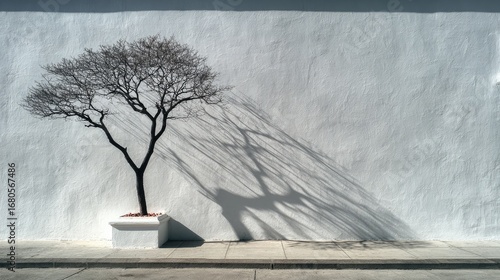 Bare tree casts shadow on light wall