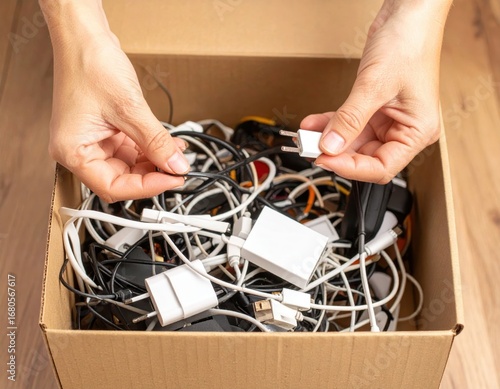 Person sorting through a chaotic pile of wires and plugs in a cardboard box.