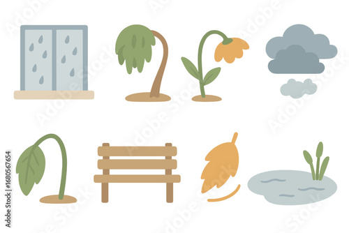 Sorrowful Nature Icons. Flat vector mini-illustrations sorrowful nature scenes in colors children's illustrations: rainy window,