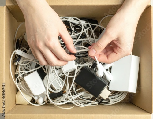 Hands untangling a mess of electronics and cables in a cardboard box.