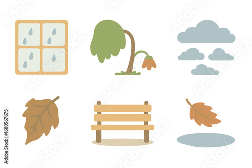 Sorrowful Nature Icons. Flat vector mini-illustrations sorrowful nature scenes in colors children's illustrations: rainy window,