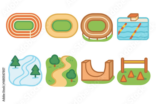 Sports Tracks Icons. Flat vector mini-illustrations sports tracks in colors children's illustrations: running track, cycling