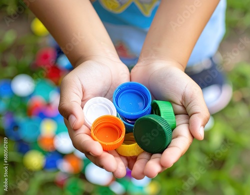 Child's hands hold a colorful collection of plastic bottle caps, promoting recycling
