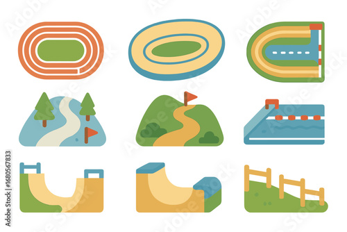 Sports Tracks Icons. Flat vector mini-illustrations sports tracks in colors children's illustrations: running track, cycling