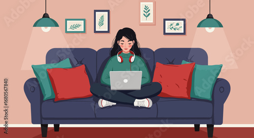 Woman Working from Couch with Laptop