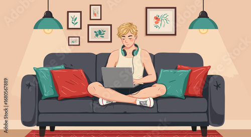 Man Working from Home on Laptop