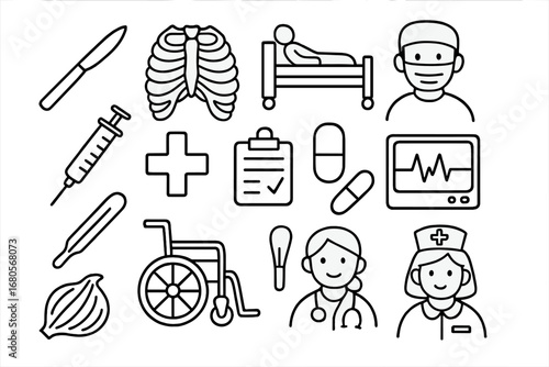 Surgery Doodle Icons. Hand-drawn doodle illustration rib cage surgery scalpel, rib cage, hospital bed, doctor, syringe, clipboard,