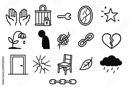 Symbols of Helplessness. Hand-drawn doodle illustration helplessness empty hands, locked cage, broken key, cracked mirror, wilting