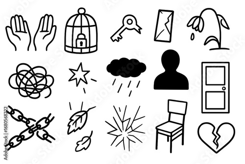 Symbols of Helplessness. Hand-drawn doodle illustration helplessness empty hands, locked cage, broken key, cracked mirror, wilting
