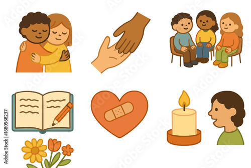 Symbols of Healing. Flat vector mini-illustrations coping with loss in colors children's illustrations: comforting hug, helping