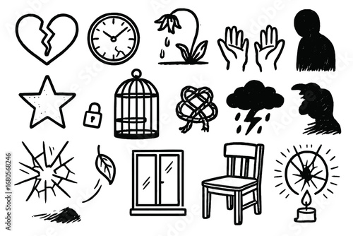 Symbols of Lost Hope. Hand-drawn doodle illustration lost hope cracked heart, broken clock, wilting flower, empty hands, shadow