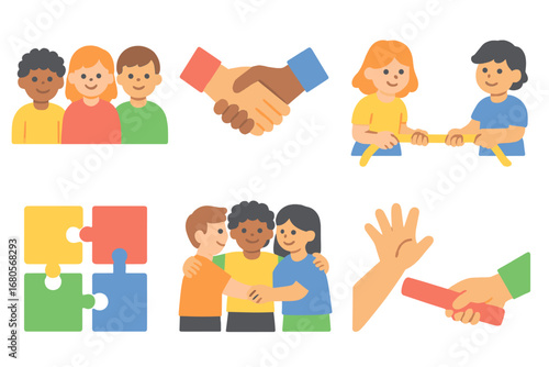 Teamwork Mini-Illustrations. Flat vector mini-illustrations teamwork challenges in colors children's illustrations: group of