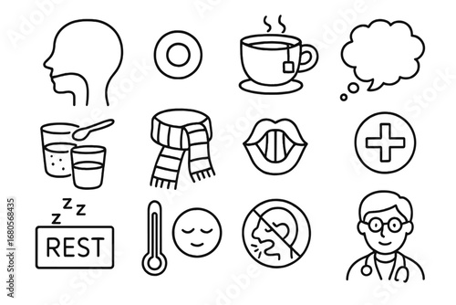Throat Care Essentials. Hand-drawn doodle illustration throat care throat icon, lozenge, tea cup, steam cloud, salt water rinse,