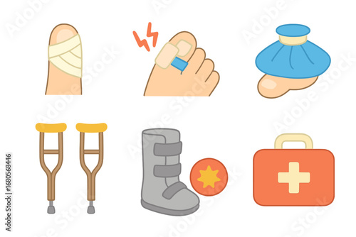 Toe Injury Icons. Flat vector mini-illustrations toe injuries in colors children's illustrations: bandaged toe, stubbed toe, toe