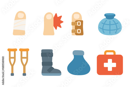 Toe Injury Icons. Flat vector mini-illustrations toe injuries in colors children's illustrations: bandaged toe, stubbed toe, toe