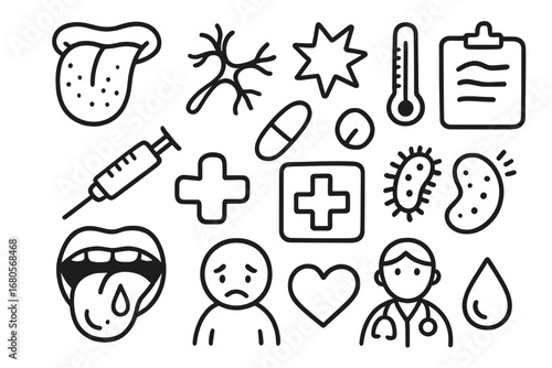 Tongue Sensitivity Icons. Hand-drawn doodle illustration tongue sensitivity tongue, nerve, pain symbol, thermometer, syringe, pill
