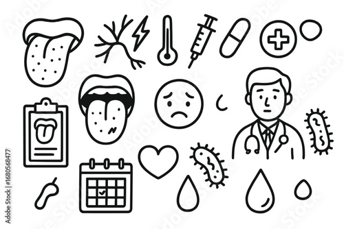 Tongue Sensitivity Icons. Hand-drawn doodle illustration tongue sensitivity tongue, nerve, pain symbol, thermometer, syringe, pill