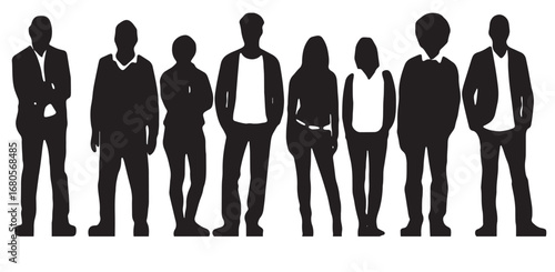 Vector Silhouettes of People, Standing and Walking Figures, Isolated on White Background