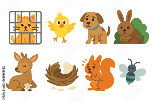 Whimsical Animal Illustrations. Flat vector mini-illustrations collapse and animals in colors children's illustrations: trapped