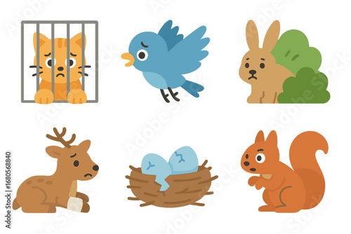 Whimsical Animal Illustrations. Flat vector mini-illustrations collapse and animals in colors children's illustrations: trapped
