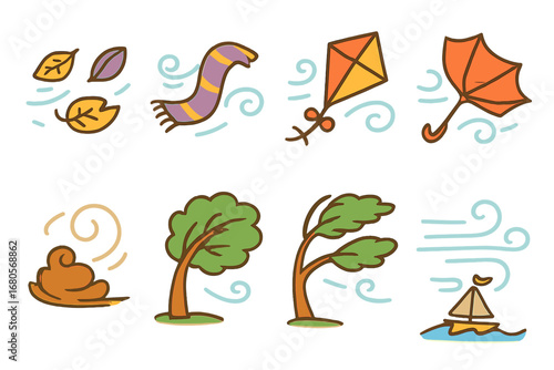 Whimsical Windy Weather. Flat vector mini-illustrations windy weather scenes in colors children's illustrations: blowing leaves,