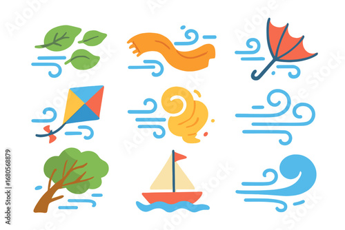 Whimsical Windy Weather. Flat vector mini-illustrations windy weather scenes in colors children's illustrations: blowing leaves,
