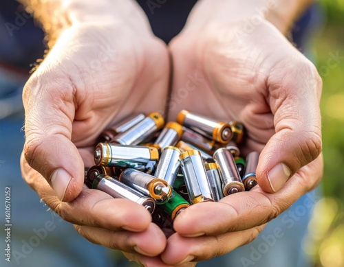 Hands cradle a collection of used batteries, emphasizing recycling and environmental awareness.