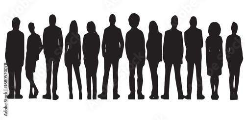 Vector Silhouettes of People, Standing and Walking Figures, Isolated on White Background