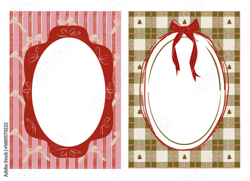 Set of cozy Christmas photo frames with red bows and festive backgrounds — plaid and striped. Ideal for holiday cards, invitations, printable decor, and gift tags.