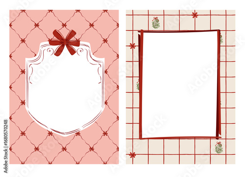 Set of Christmas card frames with red bows and hand-drawn backgrounds. Includes elegant label-shaped frame and minimal grid design with mistletoe details — perfect for festive printables, invitations,