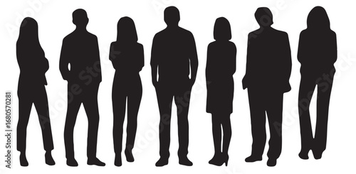 Vector Silhouettes of People, Standing and Walking Figures, Isolated on White Background