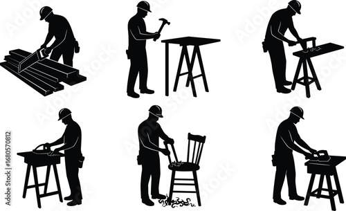 Carpenter Working with Wood, Construction Worker Using Tools, Manual Woodworking Process, Furniture Making, Wood Cutting, Handcrafted Carpentry Skills