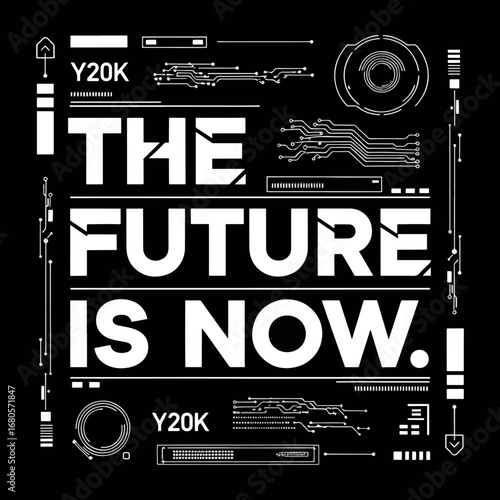 Futuristic typeface graphic in sci-fi art style, lettering, HUD and y2k elements. Cyberpunk art graphic box for streetwear, t-shirt, typography, merch. Translation from Japanese - the future is now