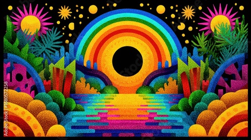 Wallpaper Mural Rainbow Illustration: An artistic portrayal of a vibrant rainbow arches over a colorful landscape, creating a whimsical and surreal scene. Torontodigital.ca