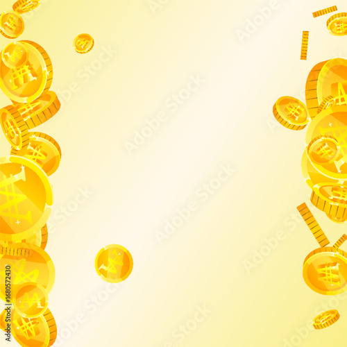Korean won coins falling. Scattered gold WON