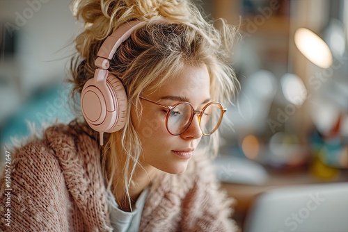 Focused Individual in Headphones Working on Laptop in Cozy Indoor Workspace