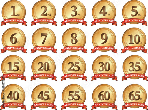 "Anniversary Badges Set - Gold Medal Icons with Numbers 1st to 65th"