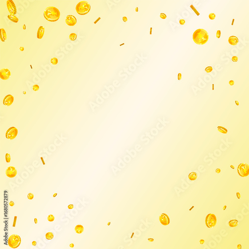 Chinese yuan coins falling. Scattered gold CNY