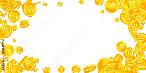 Thai baht coins falling. Gold scattered THB