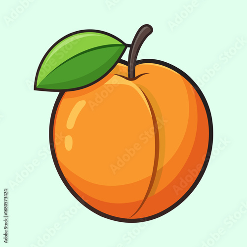 Cartoon illustration of a ripe apricot with leaf against a light background