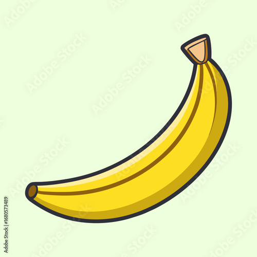Cartoon illustration of a ripe yellow banana with dark outline on green background
