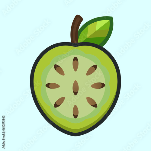 Vibrant Green Apple Slice Cartoon Illustration with Seeds and Leaf Detail