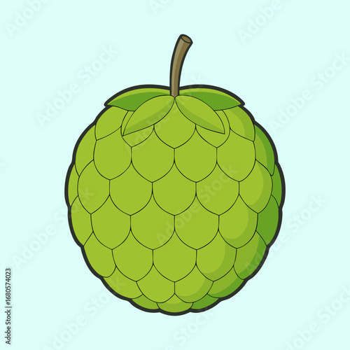 Cartoon rendition of a green cherimoya fruit against a light blue background