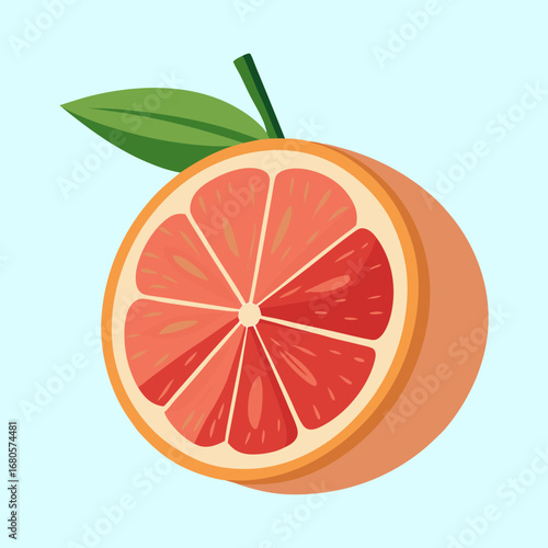 A colorful illustration of a fresh grapefruit slice with leaf detail