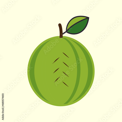 Illustration of a light green guava fruit with a stem and leaf