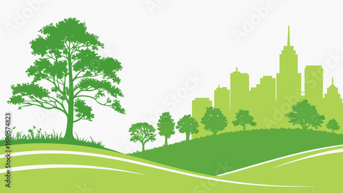 Green cityscape with rolling hills and a large tree