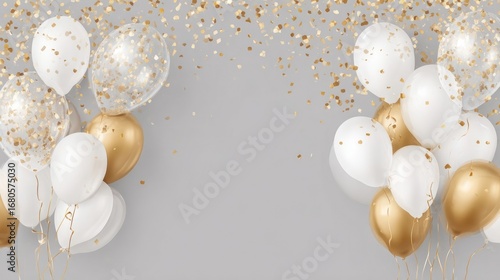 Gold and white balloons on gray background with confetti